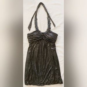 Sequin Hearts shiny jeweled mini halter black cocktail dress